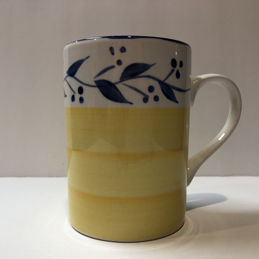 Tabletops Unlimited CELESTINO Dark Yellow Coffee Mug Blue Buds Leaves on Vine